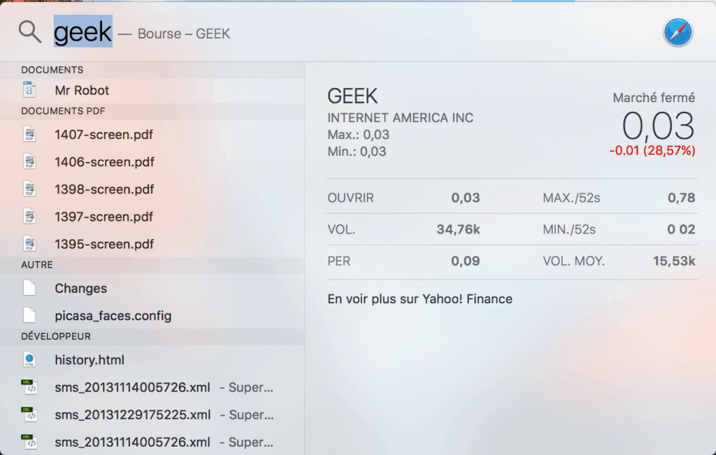El Capitan : Spotlight a un champ de recherche plus large, mais comme le montre cet exemple, il zappe bon nombre de documents contenant le mot Geek !