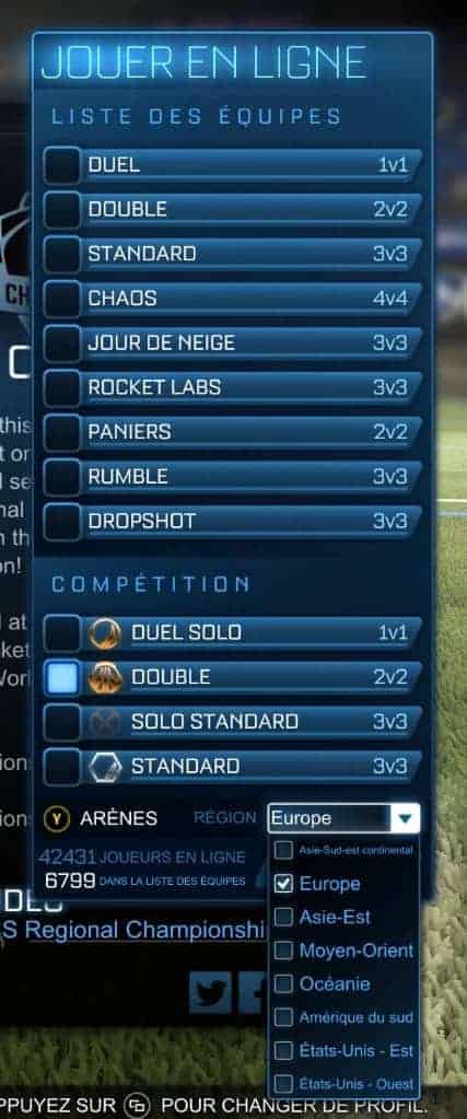 Sélectionnez votre région pour éviter les ping d'adversaires trop élevés.