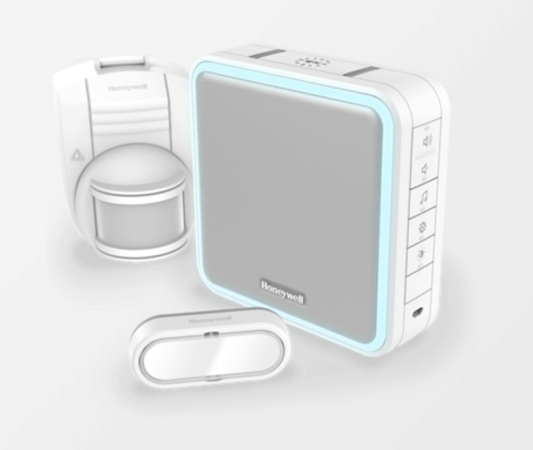 Le kit carillon Serie 9 de Honeywell contient un carillon, un bouton poussoir et un détecteur de mouvement.