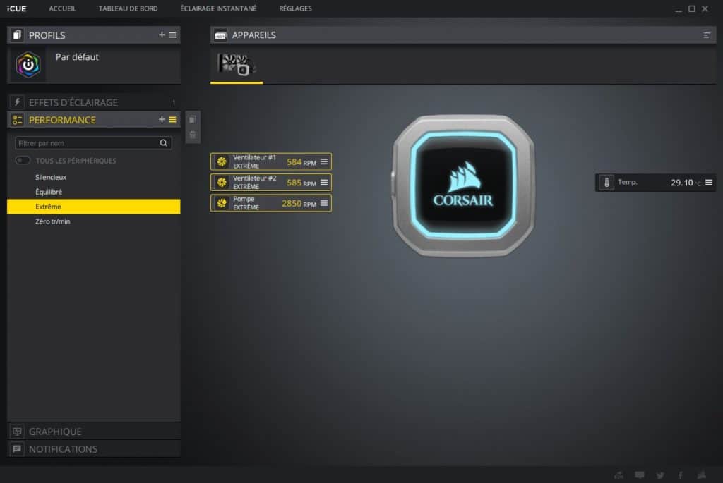 Le logiciel iCue qui permet de contrôler le Corsair H100i Pro