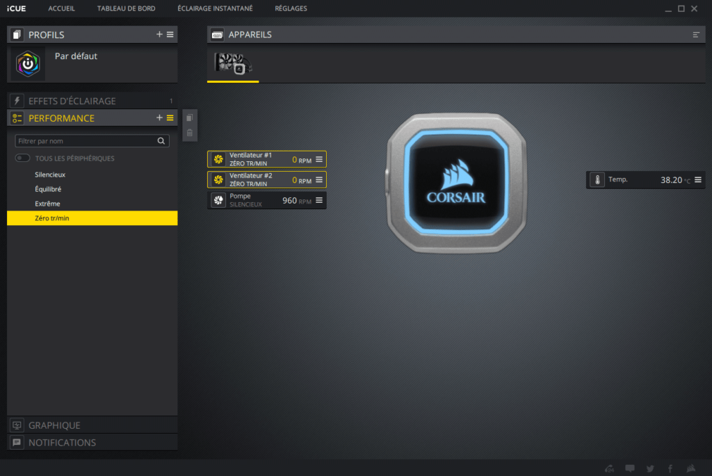 Le logiciel iCue qui permet de contrôler le Corsair H100i Pro