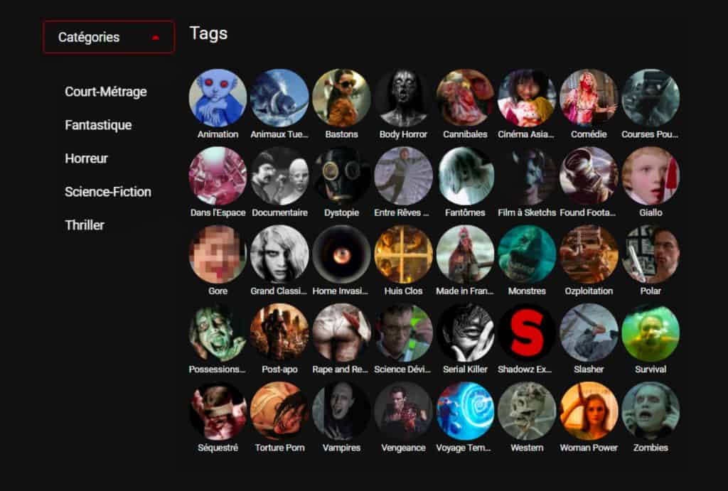 Les différentes catégories que l'on retrouve sur Shadowz