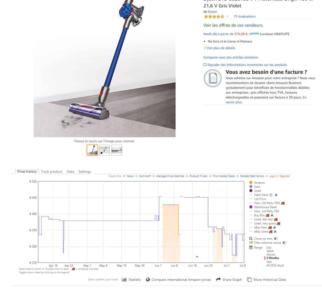 Keepa Dyson V7 - Affichage de l'historique du prix sur la plateforme