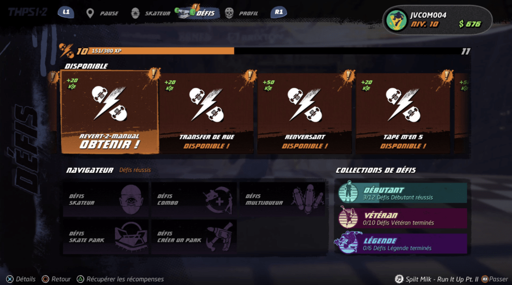 L'interface de Tony Hawk’s Pro Skater 1+2