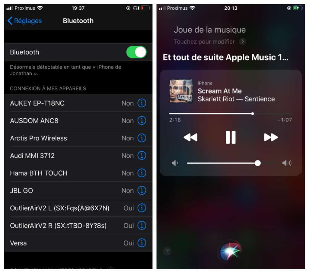 Les Creative Outlier Air V2 appairés dans l'interface d'un iPhone