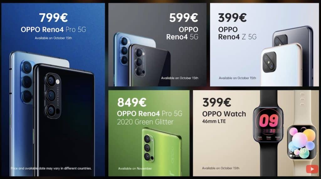 Prix et disponibilités des nouveaux produits Oppo