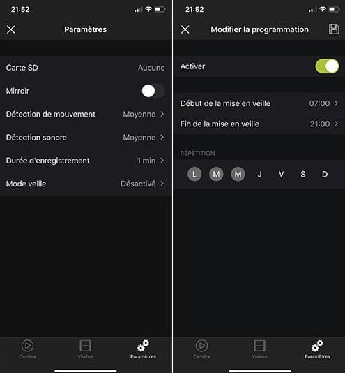 Les paramètres de la Chacon IPCAM-BE02