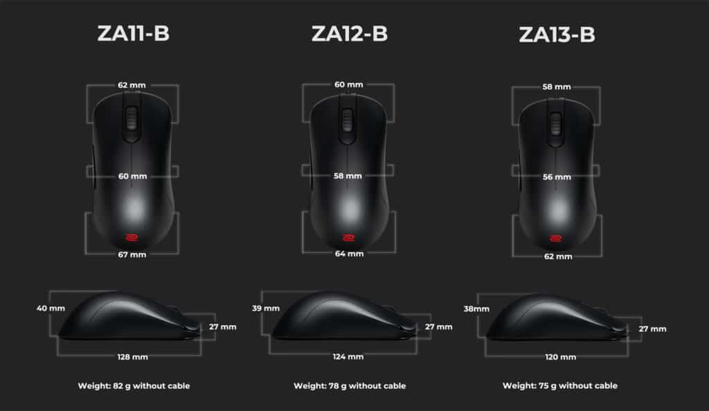 Les specs des trois souris de la gamme Zowie série ZA