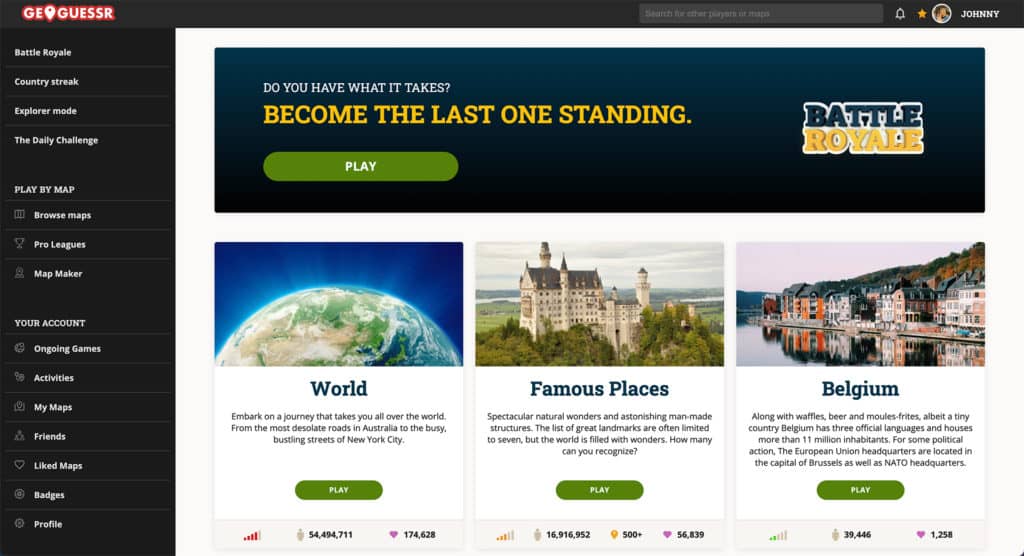 La page d'accueil dee GeoGuessr