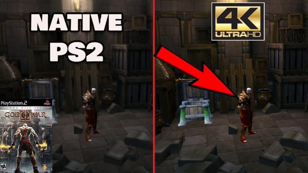 PCSX2 comparaison de God Of War natif et amélioré en 4K par l'émulateur
