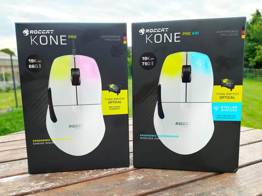 Les boîtes de la Roccat Kone Pro et de la Roccat Kone Pro Air