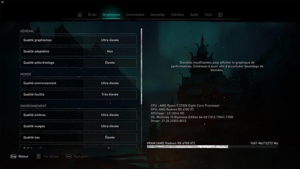 Les paramètres d'Assassin's Creed Valhalla avec une RX 6700 XT