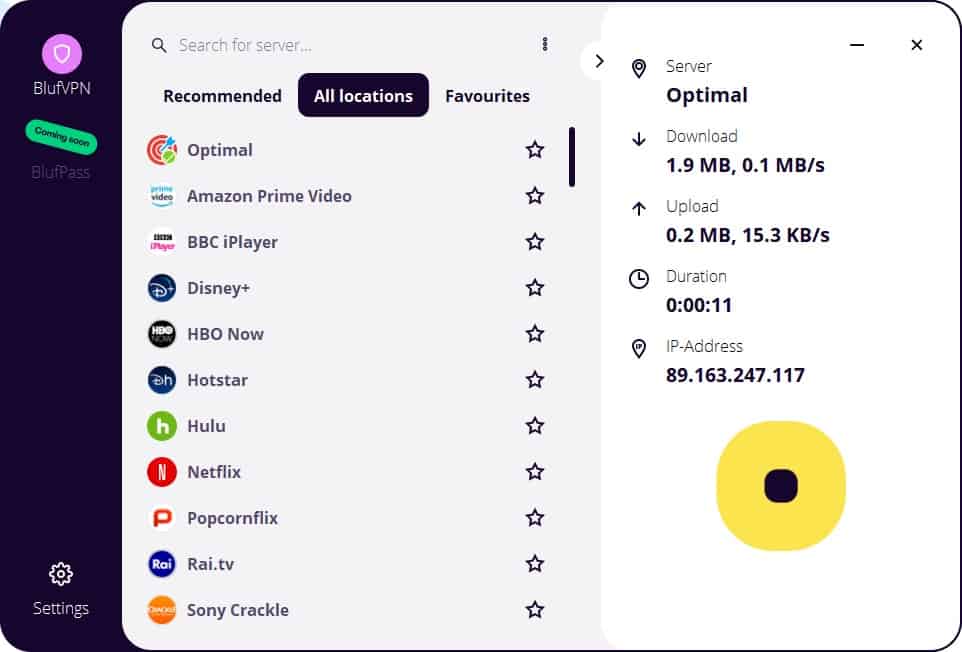 Voici l'interface de BlufVPN sous Windows en 2022