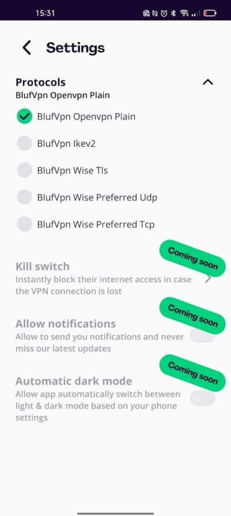 BlufVPN - les options sont simples