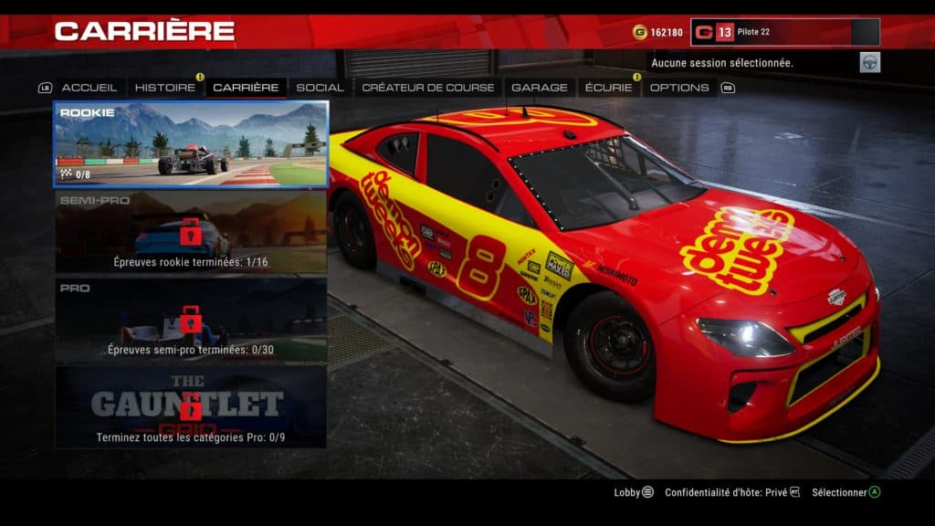 Menu du mode carrière