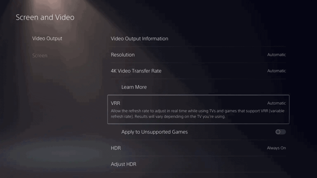 menu ps pour activer VRR