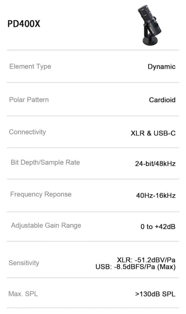 fiche technique maono pd400x