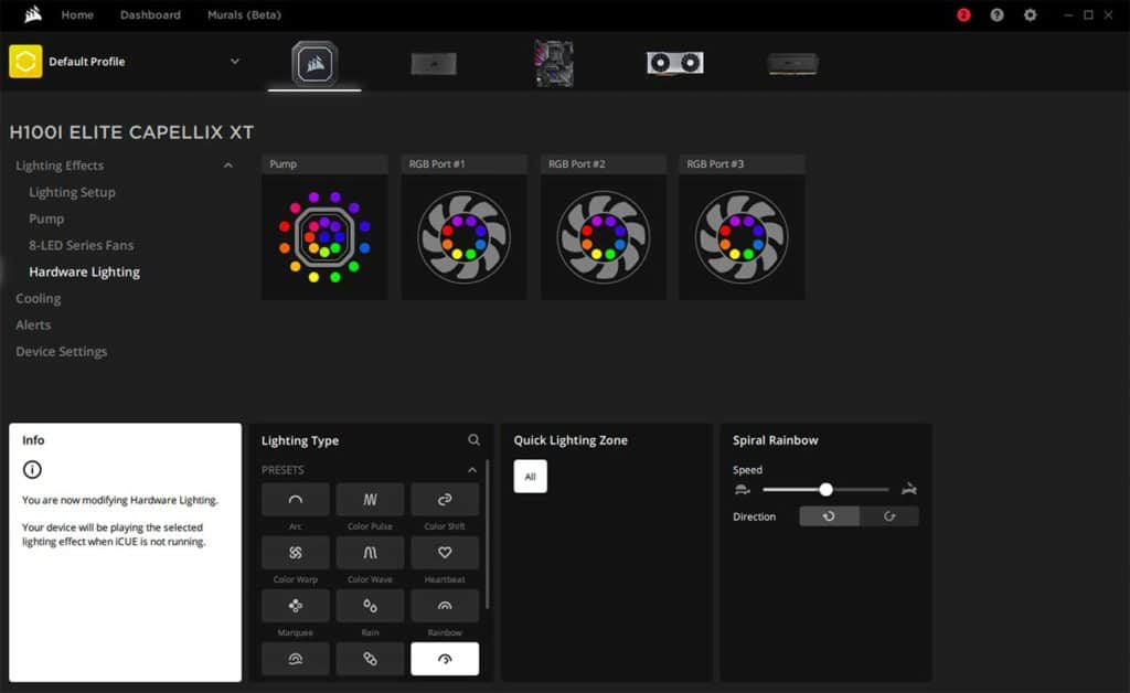 Le logiciel permettant de contrôler le Corsair H150i Elite Capellix XT