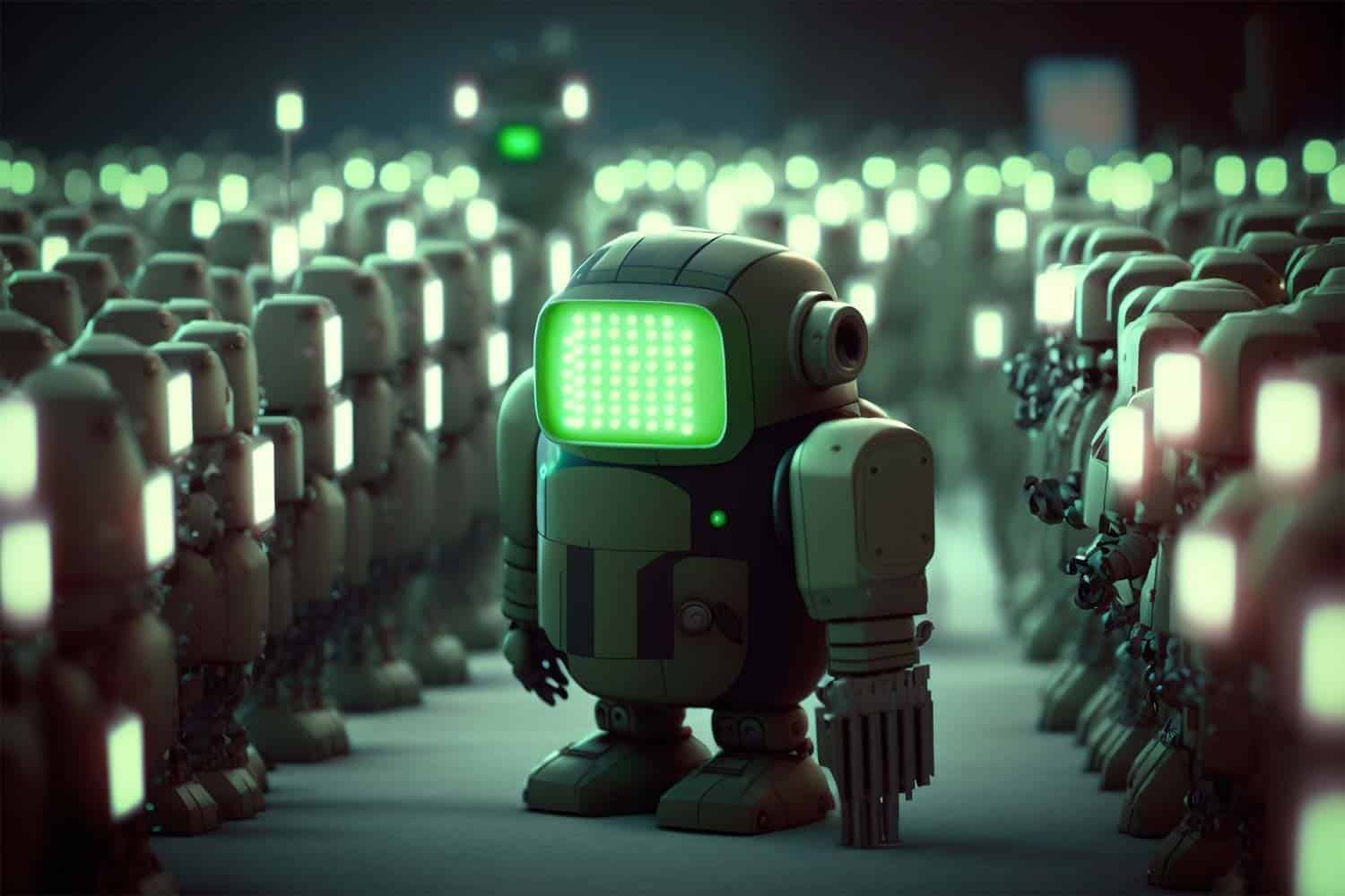 Un robot représentant l'IA parmi d'autres robots