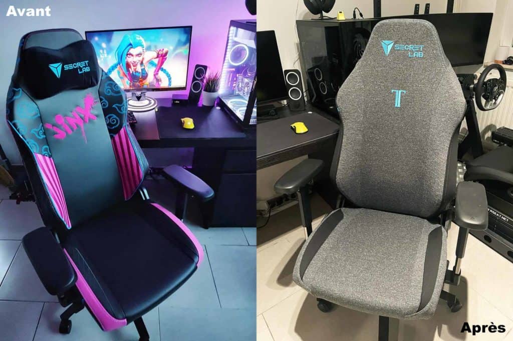 Une TITAN Evo avant et après avoir enfilé les housses Secretlab SKINS