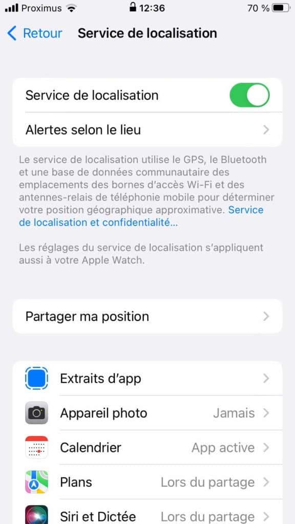 Screenshot de la localisation dans les réglages de l'iPhone
