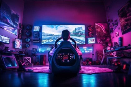 Une personne dans son setup sim rac ing