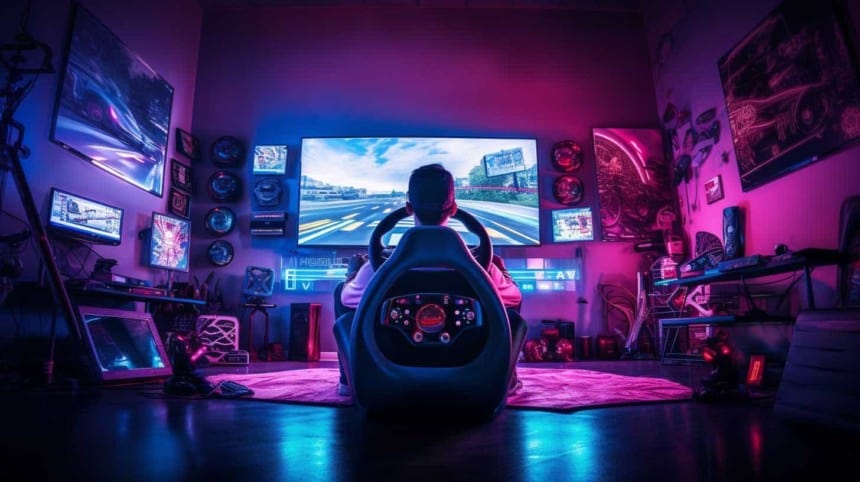 Une personne dans son setup sim rac ing