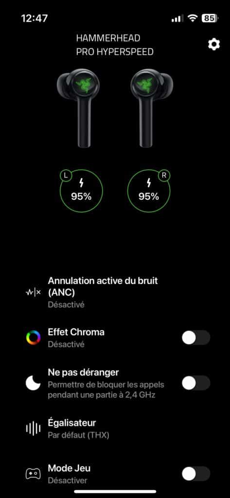 L'application dédiée des Gros plan sur les Razer Hammerhead Pro HyperSpeed
