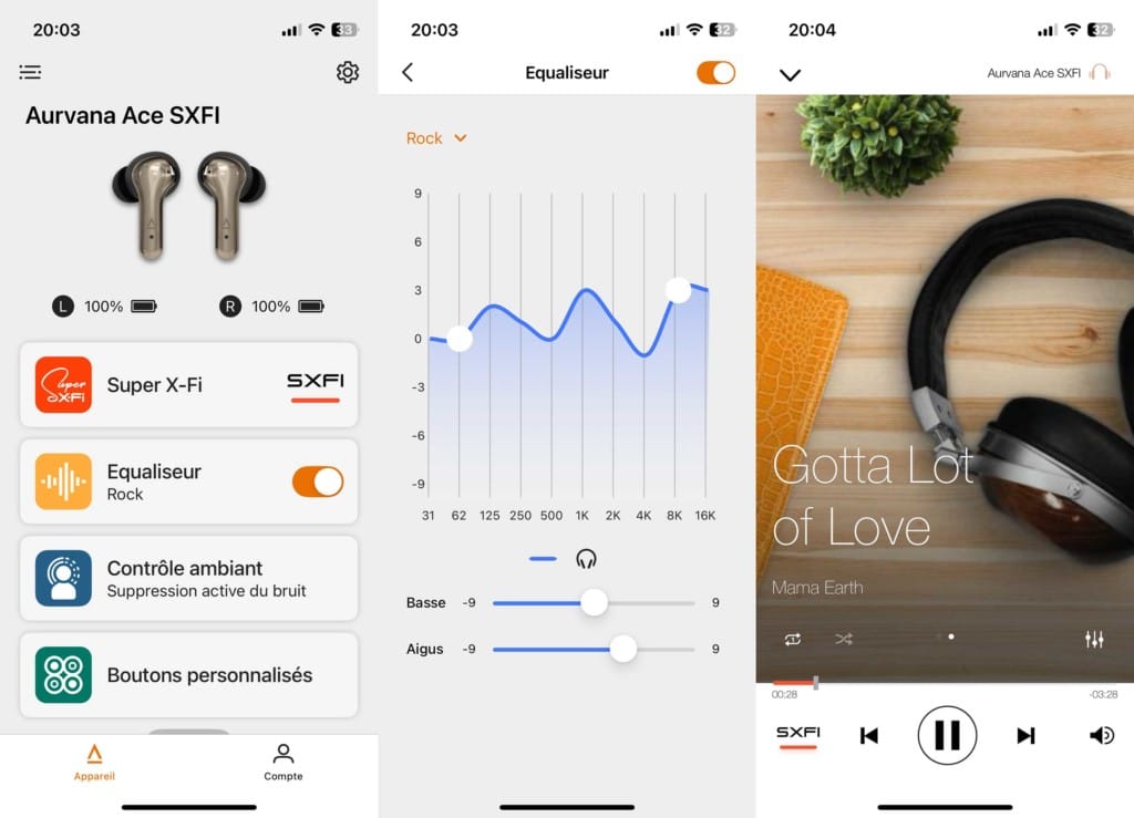 Des screenshots de l'app des Creative Aurvana Ace SXFI
