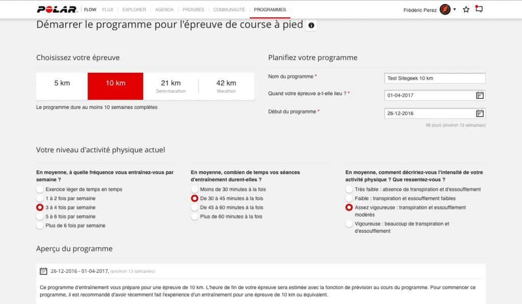 Le site Polar Flow vous permet de programmer vos entraînements.