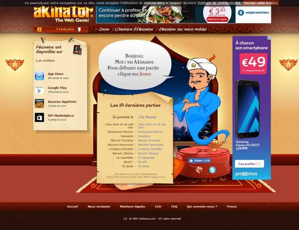 Akinator - des pavets publicitaires disgracieux ciblés et géolocalisés polluent la page