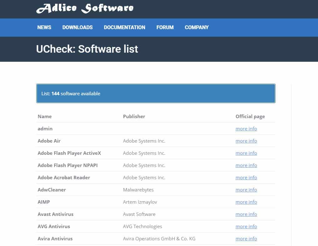 ucheck - une liste de logiciel consÃ©quente mais toujours limitÃ©e