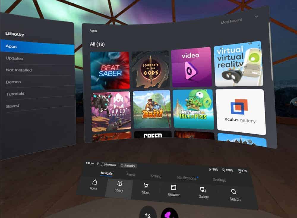 L'interface système de l'Oculus Quest