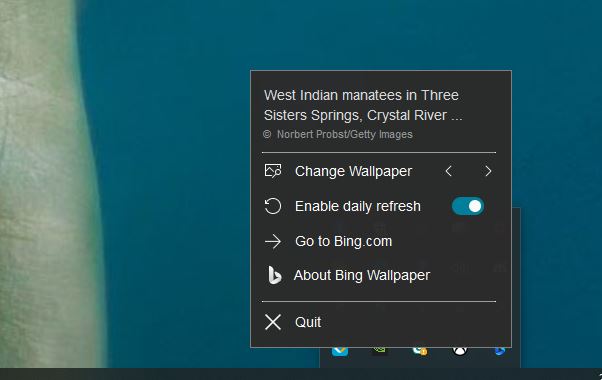 Bing Wallpaper - tout ce gère depuis la barre des tâches