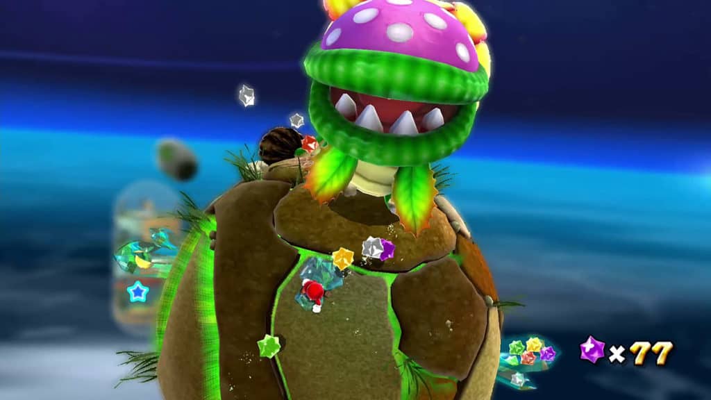 Mario affrontant une plante piranha dans Super Mario 3D All Stars