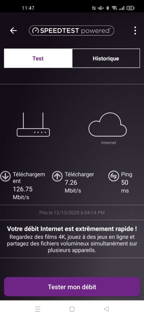 Le dispositif fonctionne avec le site speedtest pour évaluer la qualité du réseau