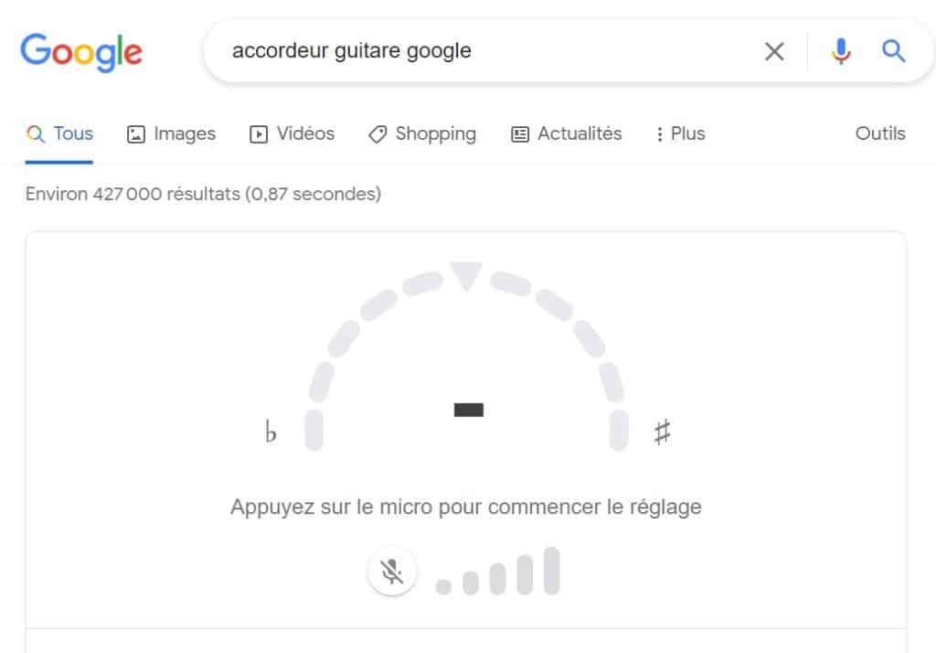 Voici l'interface pour accorder votre guitare directement dans le moteur de recherche