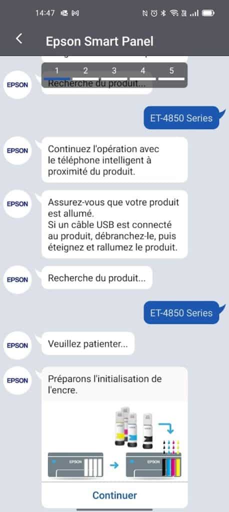 EPSON EcoTank ET-4850 - Une application avec chatbot nous guide tout au long de l'installation.
