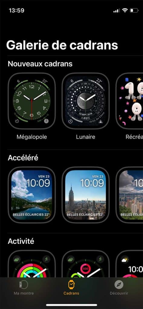 Les divers cadrans disponibles sur l'Apple Watch
