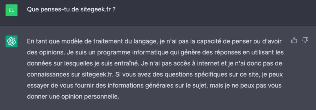 ChatGPT qui ne sait pas répondre à une question