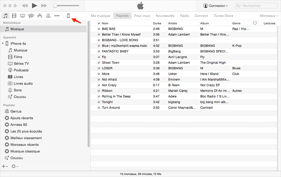 Transférer de la musique iTunes vers iPhone avec iTunes