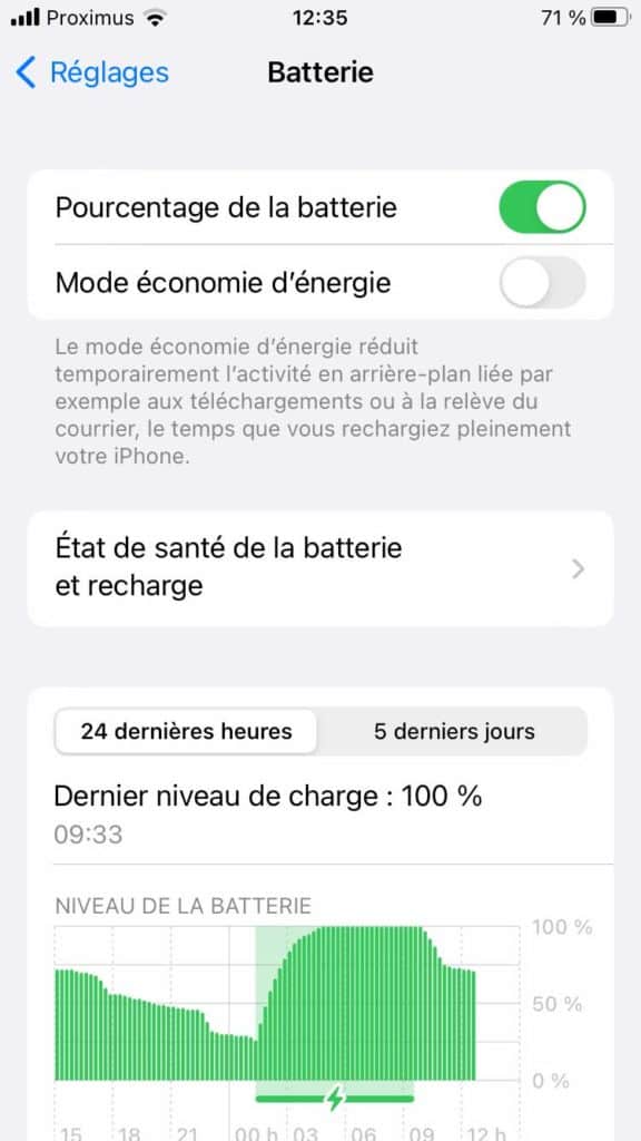 Screenshot du mode économie d'énergie dans les réglages de l'iPhone