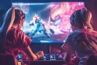 Deux filles jouant à un jeu de combat