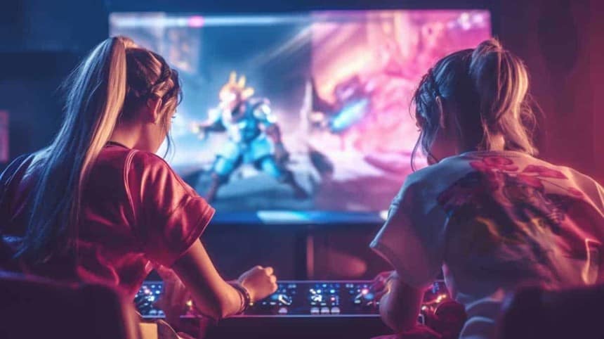 Deux filles jouant à un jeu de combat